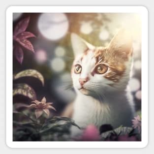 Cute White Cat Floral Background | White, brown and grey cat with blue eyes | Digital art Sticker Sticker